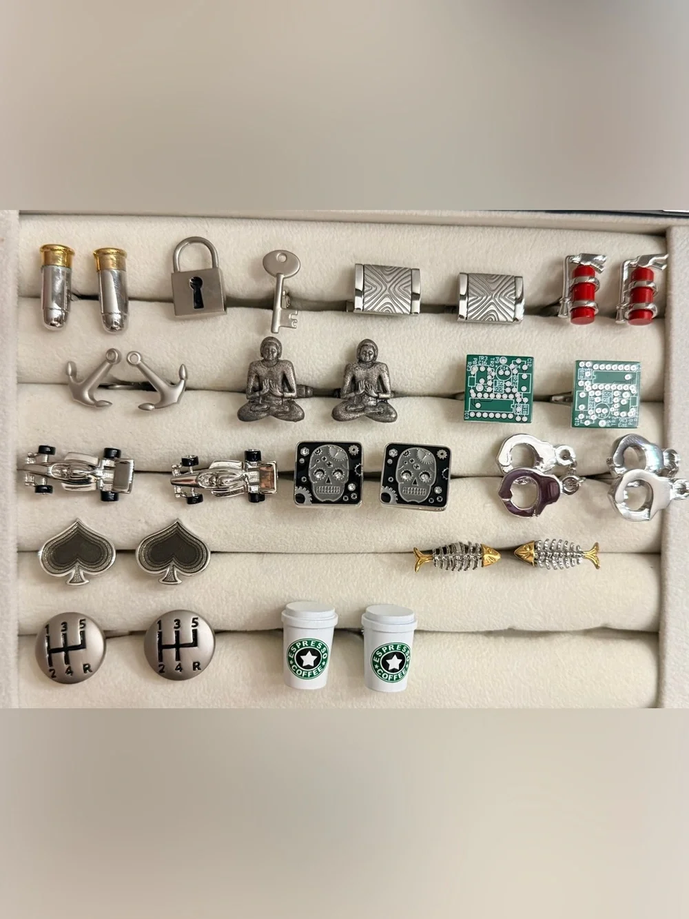 BN Novelty Cufflinks Lot 14 Pairs Unisex in Wood Magnetic Case w Glass Top!